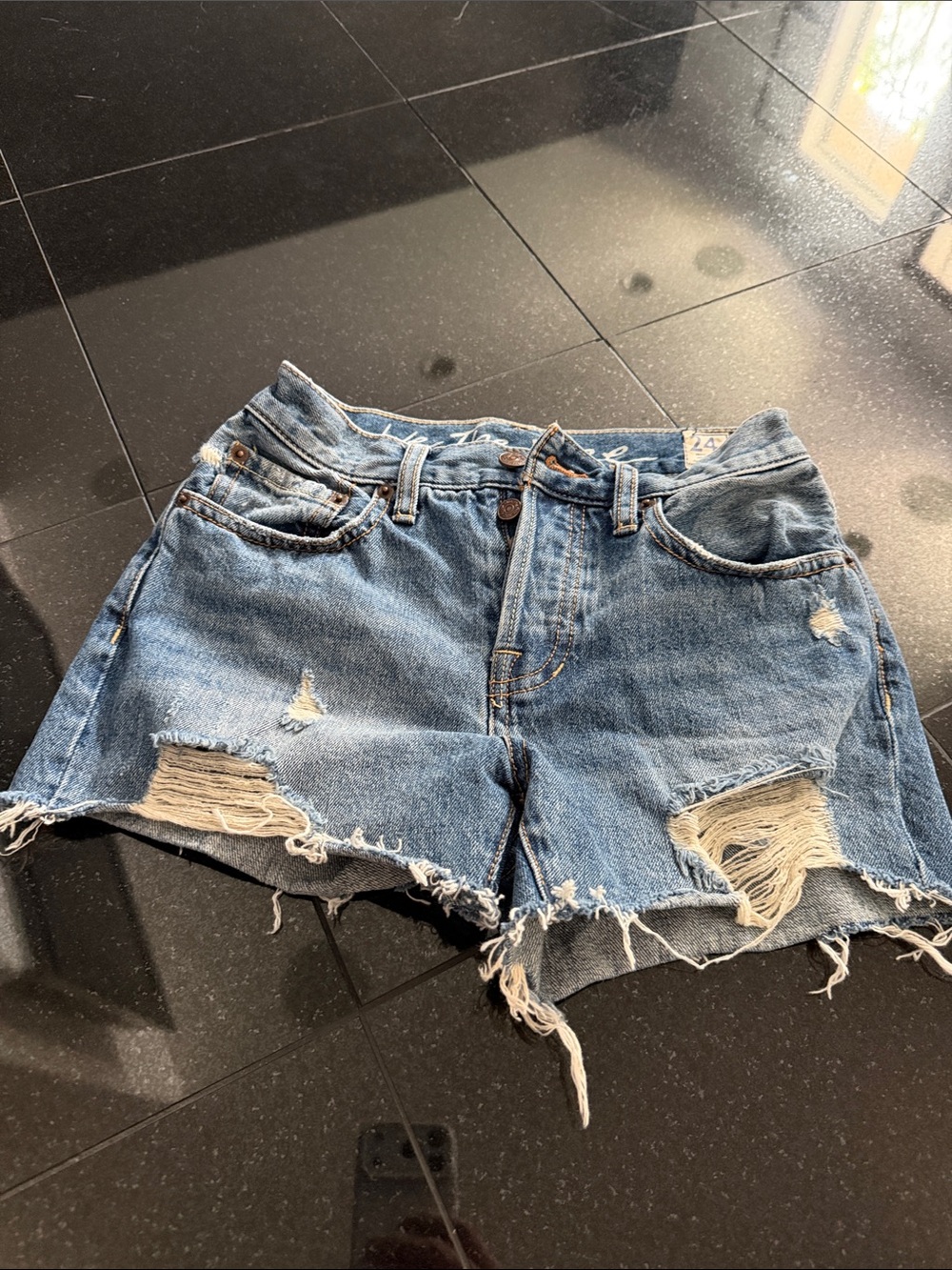Free People Distressed Light Blue Denim Shorts